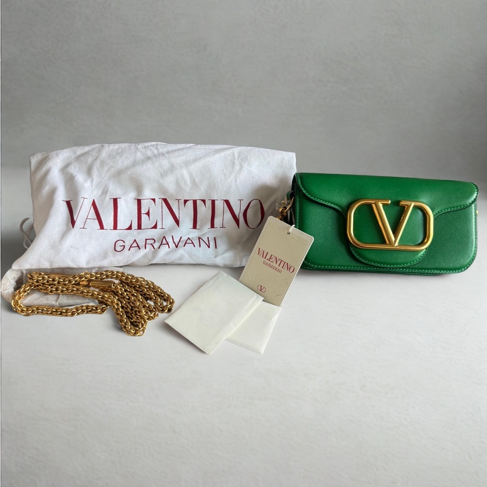 Valentino V Logo Emerald Green Shoulder Bag with Gold Accent